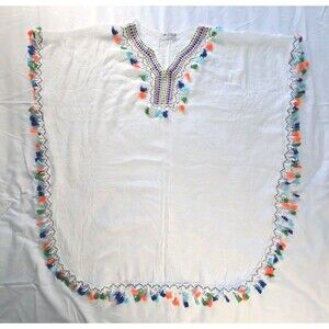 India Boutique White Cotton Beach Cover Up Embroidered Tassel Trim Boho Kaftan